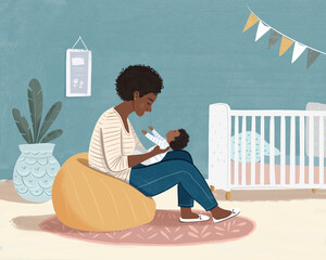 Illustration of a mother lovingly holding her baby in a cozy nursery setting