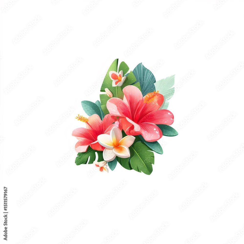 Aufkleber 水彩画の鮮やかなピンクと赤のハイビスカスとプルメリアの花が緑の葉の中で咲いています白い背景に分離されています