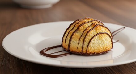Delicious sponge cake topped with rich chocolate drizzle served elegantly on a white plate, creating an inviting dessert presentation for food lovers