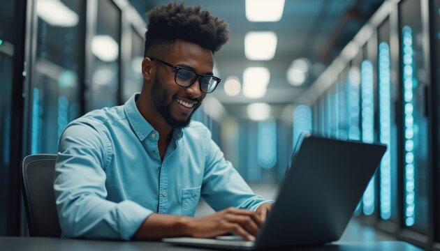 Smiling man working on a laptop in a modern data center
