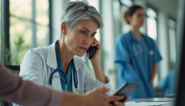 Focused female doctor on the phone in a modern medical office
