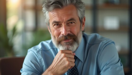 Confident mature man with a beard smiling thoughtfully