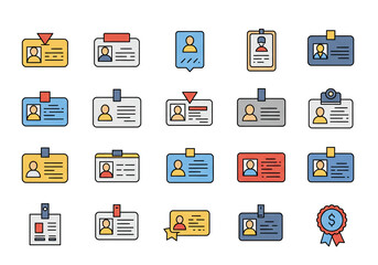 A collection of various id badge icons with different colors and designs displayed on a white background