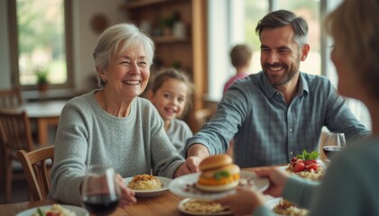 Joyful family gathering around a table filled with delicious food