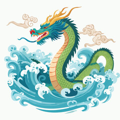 Chinese Water Dragon in a Whimsical Scene with Vibrant Swirl Motions All Around.