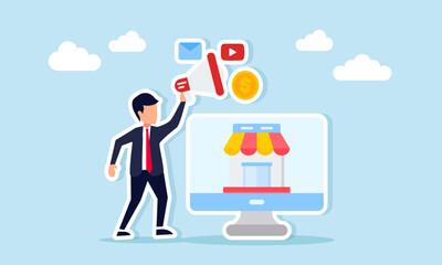Businessman standing beside monitor showing store holding megaphone with play mail and dollar coin icons illustration of digital advertising for business optimization
