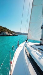 Fototapeta premium Sun-drenched yacht, turquoise water, pristine white sail, luxurious summer escape Perfect for travel, vacation, and lifestyle marketing , affluence, sun