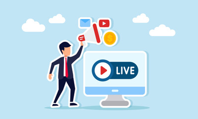 Businessman standing beside monitor showing live icon holding megaphone with play mail and dollar coin icons illustration of advertising management for digital media business