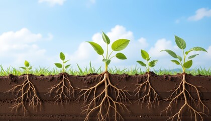 Plant root development concept. Growing plants with visible roots beneath the soil surface.