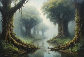 Obraz premium Mystical passage through silent groves in a misty dawn at bayou Rumours, where weeping willows drape over sleepy waters