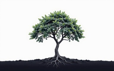 Plant root development concept. Tree with lush leaves and intricate roots on a minimalistic background.