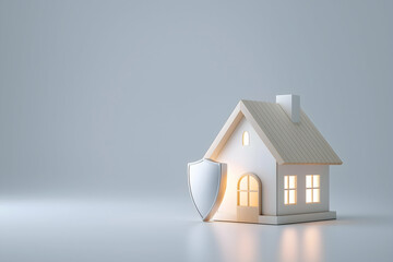 A small house with illuminated windows stands next to a shield, symbolizing home security and protection on a minimalist background.