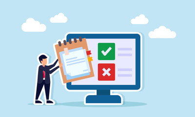 Businessman holding task book beside monitor showing check and cross signs illustration of differing opinions in business project completion methods