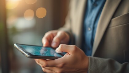 Man in a suit using smartphone with digital interface