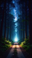 Fototapeta premium Dark Hallway in Eerie Forest Under a Meteor Shower at Night