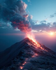 Volcanic Eruption at Sunset: A Fiery Mountain Landscape