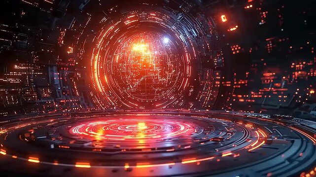 Futuristic Data Core with Glowing Red and Orange Light Emitting Diodes Display