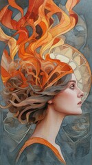 Watercolor Portrait of a Woman with Flaming Hair and Clock Elements