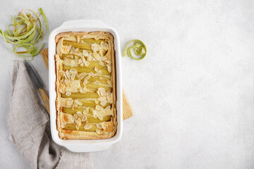 Rhubarb Pie or Tart with sour cream filling . Healthy homemade summer dessert, vegan rhubarb pie. op view, copy space