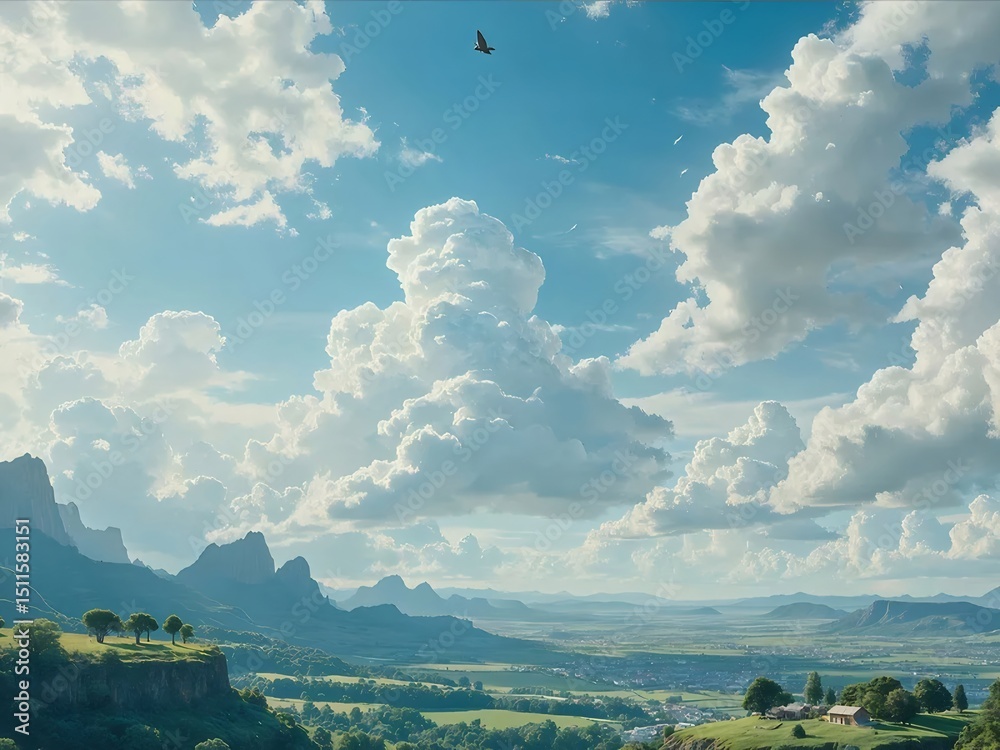 Aufkleber 青い空と雲広がる風景 丘の上を飛ぶ鳥 緑豊かな谷と山々 自然の美しさ