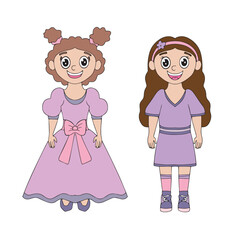Cute funny smiling girls in doodle style. Cartoon characters. Vector illustration. Isolated on white background.