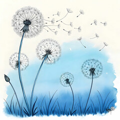 a drawing of dandelions with white and blue on the