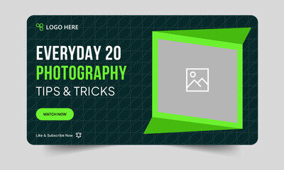 Trendy photography daily tips and tricks video thumbnail banner design, daily photography learning tips and techniques video cover banner design, editable vector eps 10 file format