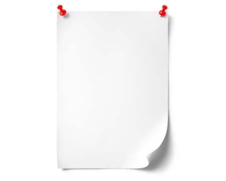 赤い画鋲で留められた、A4サイズの白い紙のテクスチャー