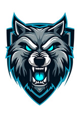 Obraz premium Aggressive Wolf Mascot Logo: A fierce wolf head emblem, glowing eyes and bared teeth, set within a protective shield shape, perfect for gaming teams and esports brands. 