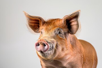 Fototapeta premium In the studio, a calm pig lies peacefully, with a serene expression and soft lighting that highlights its smooth skin and relaxed demeanor.