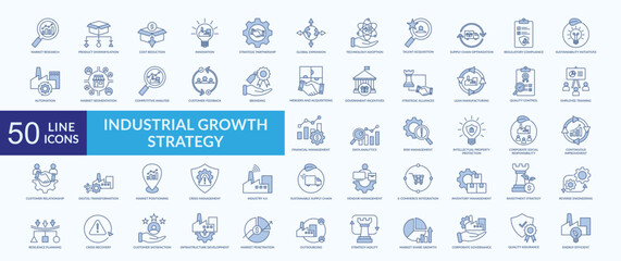 Industrial growth strategy icon collection set with market research, product diversification, cost reduction, technology adoption, continuous improvement