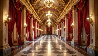 Grand Hallway in an Elegant Opera House with Velvet Curtains