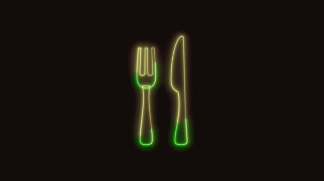 Fork and Knife Icon Neon Seamless Loop 4K (Black Background) | Animated Promotional Typography for Video Editing