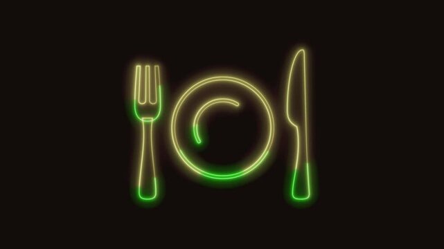 Fork and Knife with Plate Icon Neon Seamless Loop 4K (Black Background) | Animated Promotional Typography for Video Editing