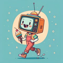 Playful character with a retro television head in a flat, colorful design style, enjoying a lively moment in vector art