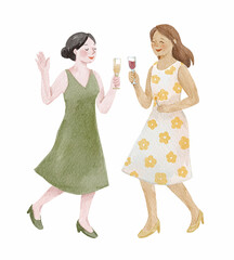Watercolor hand drawn illustration of women dancing and celebrating at a party with drinks. Perfect for party, holiday, or festive themes.