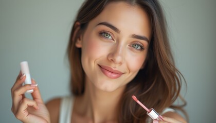 Obraz premium Smiling woman showcasing lip gloss with a radiant glow