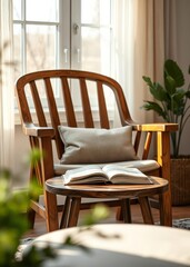 Fototapeta premium Wooden armchair with coffee table and book in evening light. book mockup. 