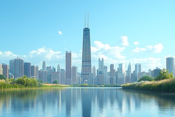 Obraz premium Tranquil lake meets morning cityscape high resolution photo