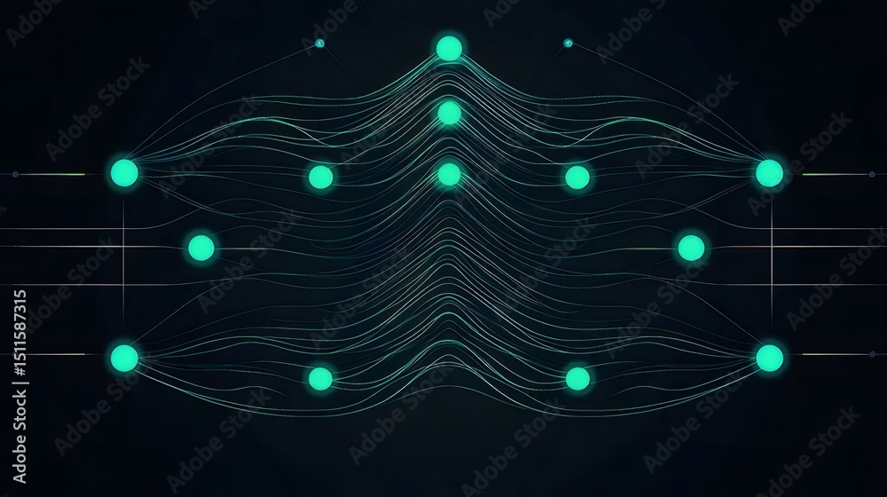 Poster 暗い背景に緑色の光るノードと接続線で構成されたネットワーク構造の抽象的デジタルイメージ