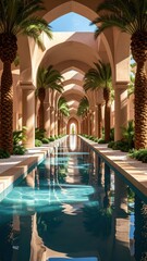 Fototapeta premium Serene Hallway with Palm Trees and Shimmering Water Oasis