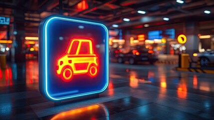 Neon Parking Sign with Modern Garage.