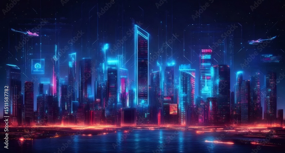 Poster 夜空に輝くネオン光線が織りなす未来都市の光景 高層ビル群とデジタル通信の抽象デザイン 青と赤の鮮やかな色彩が未来的な雰囲気を作り出す