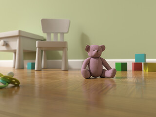 3D rendering of a nursery with a teddy bear and toys on a wooden floor