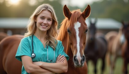 Smiling veterinarian with a horse in a serene farm setting