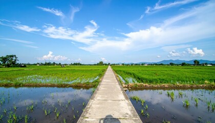 Serene Hallway Through a Rice Paddy Field Under Blue Sky