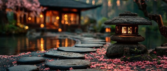Japanese zen garden tea house with cherry blossom bokeh through paper lanterns, ideal for wellness brand campaigns, meditation app interfaces, and luxury hotel brochures.
