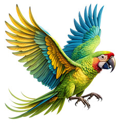 Fototapeta premium Colorful Parrot Flying Illustration, Exotic Bird Vector, Tropical Macaw Clipart, Green and Blue Feathers Art, Jungle Wildlife Drawing, Vibrant Winged Animal, Decorative Parrot Graphic Design