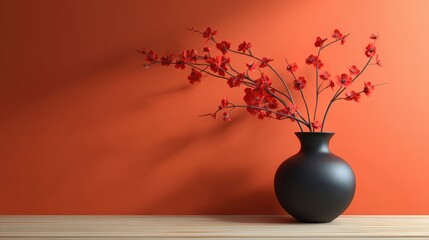 Red Blossom Arrangement in Black Vase
