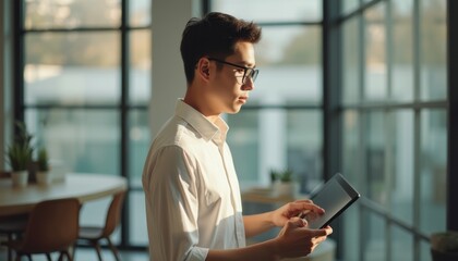 Young man using a tablet in a modern office setting